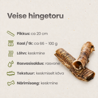 Veise hingetoru koerale – naturaalne kuivatatud närimismaius, pikkus ca 20 cm, kaal 66–100 g.