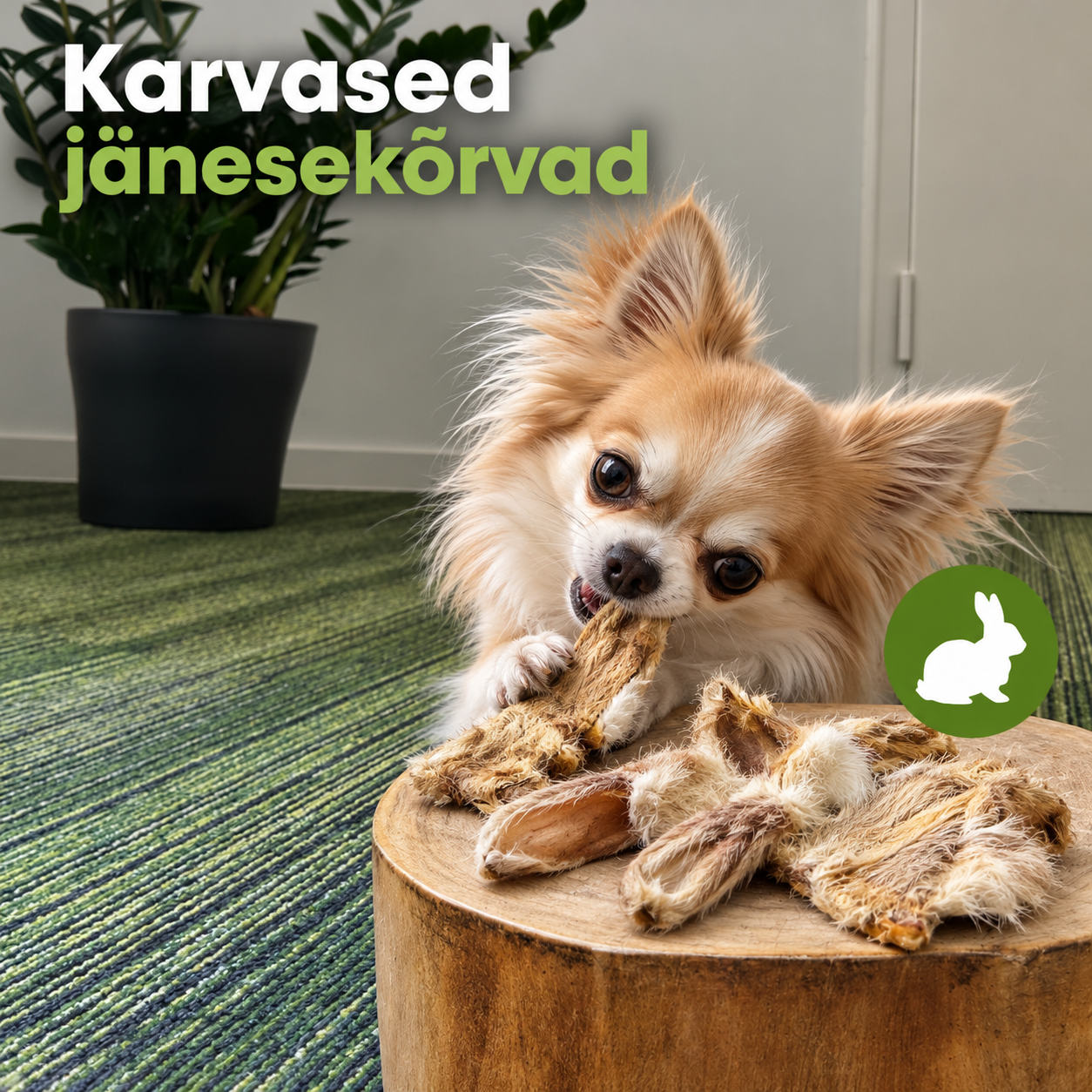 Pikakarvaline chihuahua närib karvast jänesekõrva tükki, kõrval puukännul naturaalsed koeramaiused
