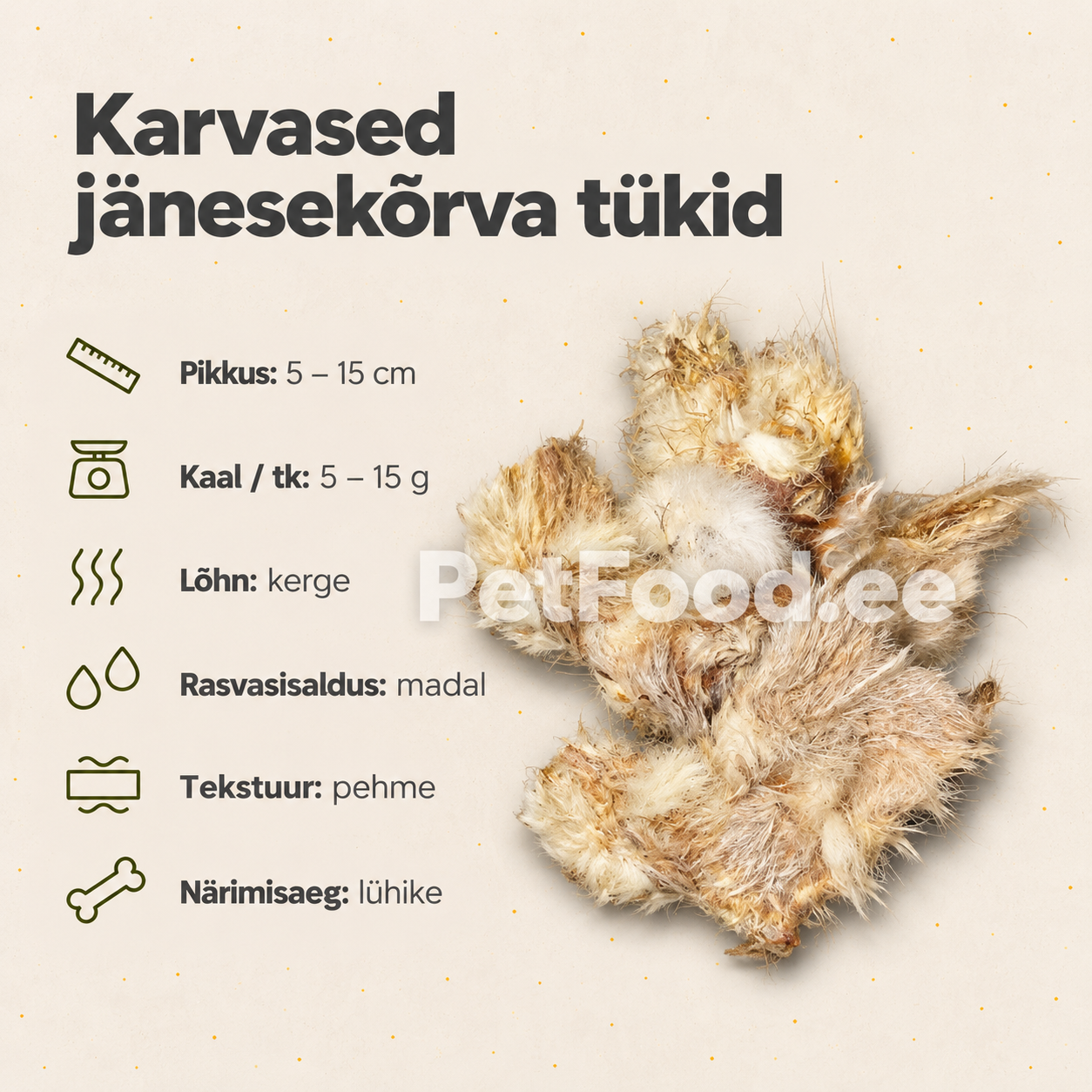 Karvased jänesekõrva tükid – naturaalne kuivatatud närimismaius koerale