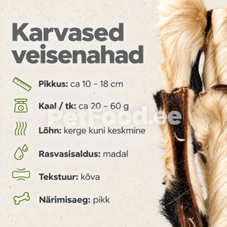 Karvased veisenahad koertele – pikkus 10–20 cm, kõva tekstuur, madal rasvasisaldus ja pikk närimisaeg