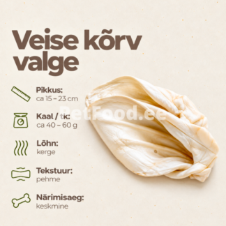 Valge veisekõrv koerale – naturaalne närimismaius, pikkus 15–23 cm, kaal 40–60 g, pehme teks