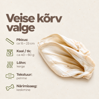 Valge veisekõrv koerale – naturaalne närimismaius, pikkus 15–23 cm, kaal 40–60 g, pehme tekstuur ja keskmine närimisaeg.