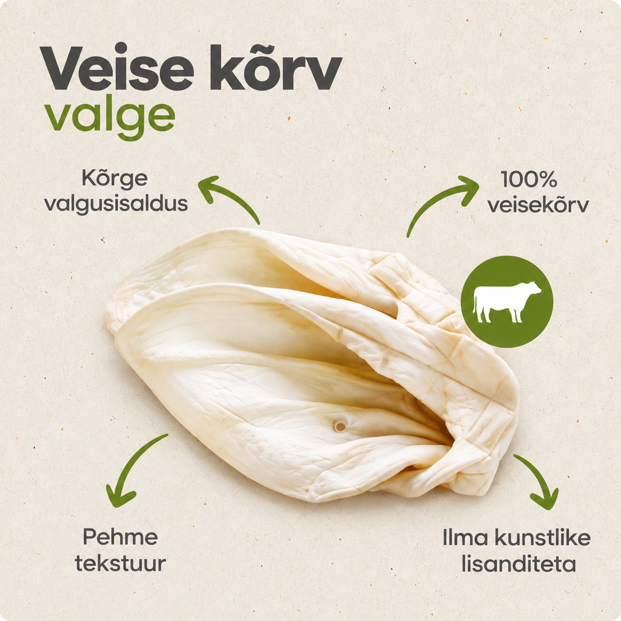 Naturaalne kuivatatud valge veisekõrv koerale – hele veisekõrv närimismaiuseks