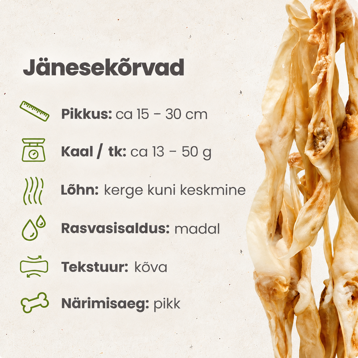 Naturaalsed kuivatatud jänesekõrvad koerale – 100% küülikust valmistatud närimismaius