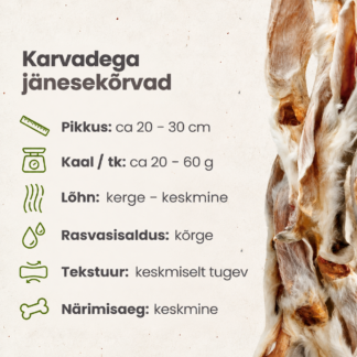 Karvadega jänesekõrvad koerale – pikkus 17–25 cm, kaal 14–20 g, keskmiselt tugev tekstuur ja keskmine närimisaeg