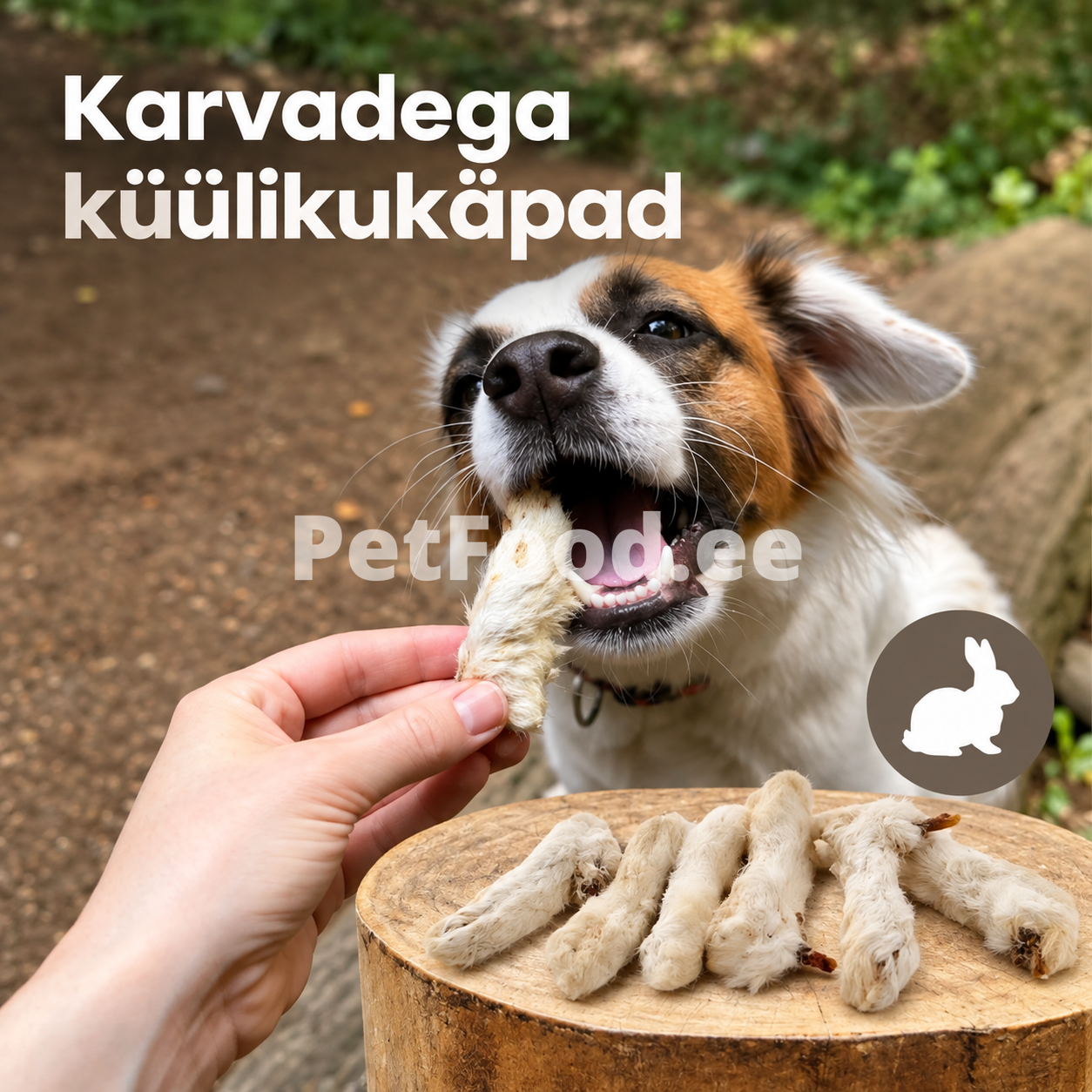 Karvadega küülikukäpad koerale – koer närib naturaalset küülikukäppa, taustal puukännul kuivatatud karvadega küülikukäpad