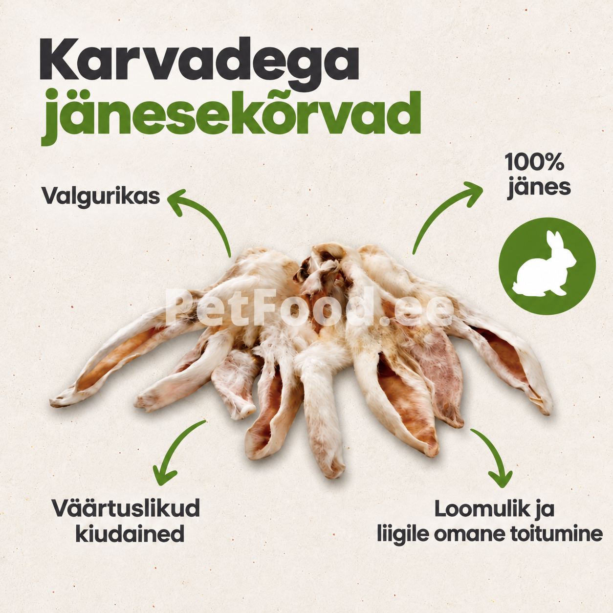 Naturaalsed kuivatatud karvadega jänesekõrvad koerale on 100% küülikust