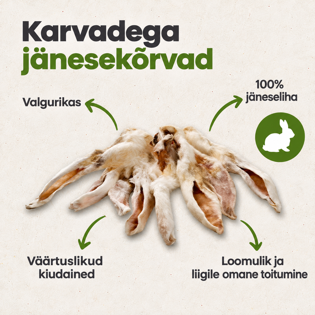 Naturaalsed kuivatatud karvadega jänesekõrvad koerale – 100% küülikust närimismaius