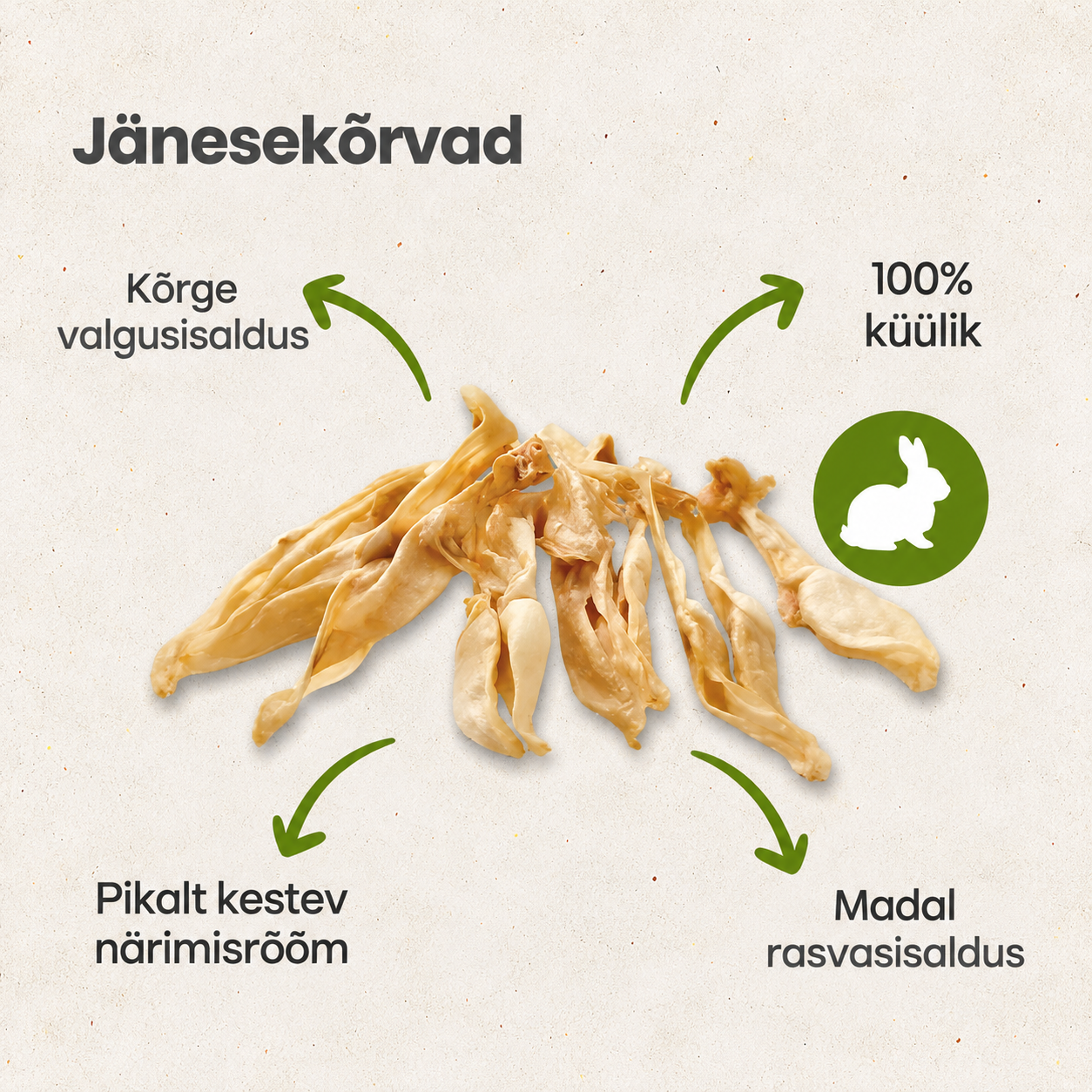 Kuivatatud jänesekõrvad koerale – pikkus 15–30 cm, kaal 13–50 g, kõva tekstuur ja pikk närimisaeg